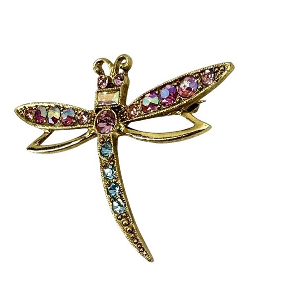 1928 Collection Gold-Tone Dragonfly Brooch With Pink & Blue Rhinestones - Picture 3 of 11